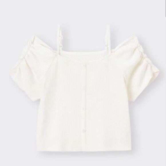 GU Ribbed Front Button Off-Shoulder Short Sleeve Top White Japanese Brand - Picture 2 of 7